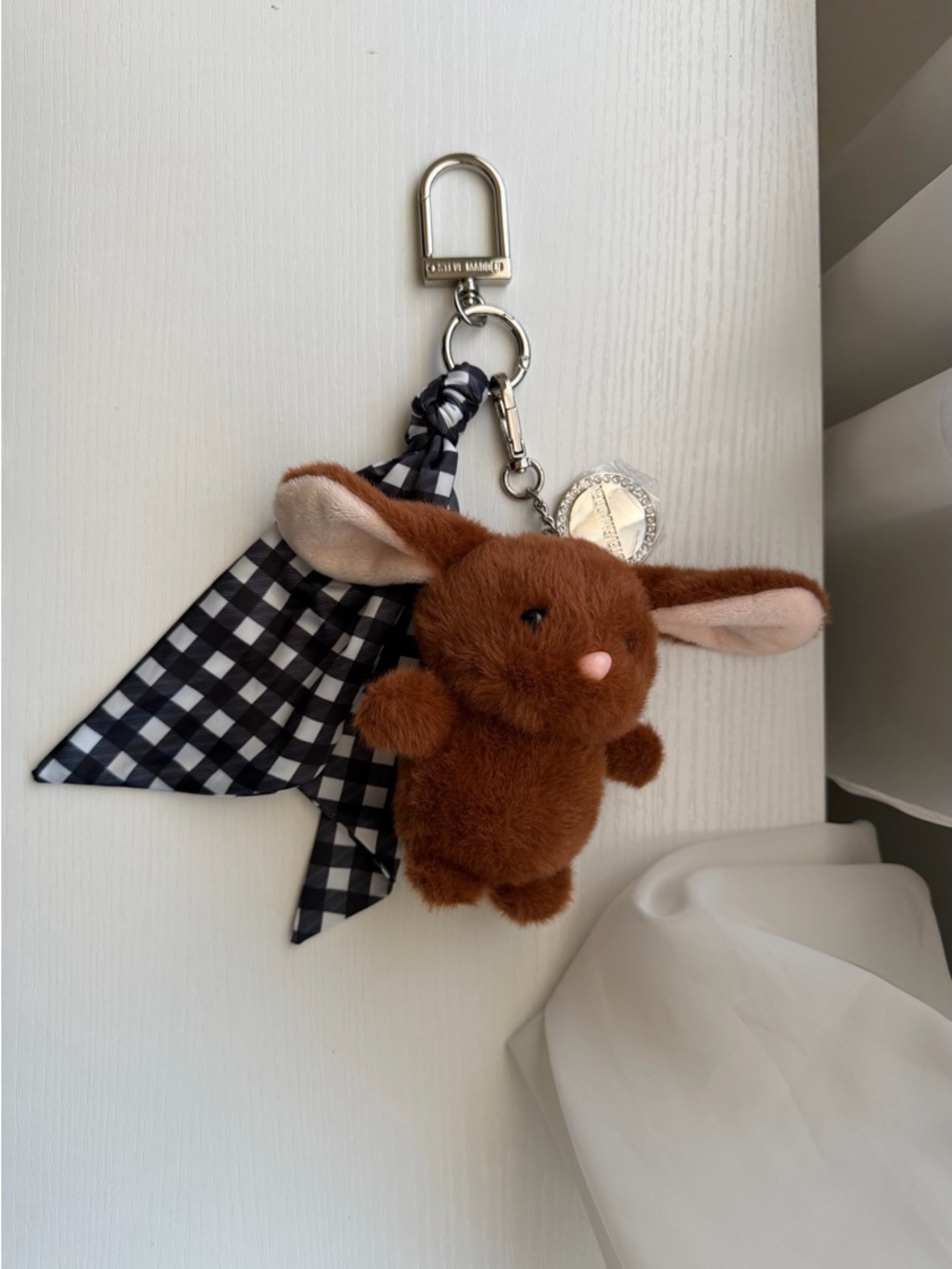 Steve Madden Brown Plush Bunny Keychain with Check Scarf